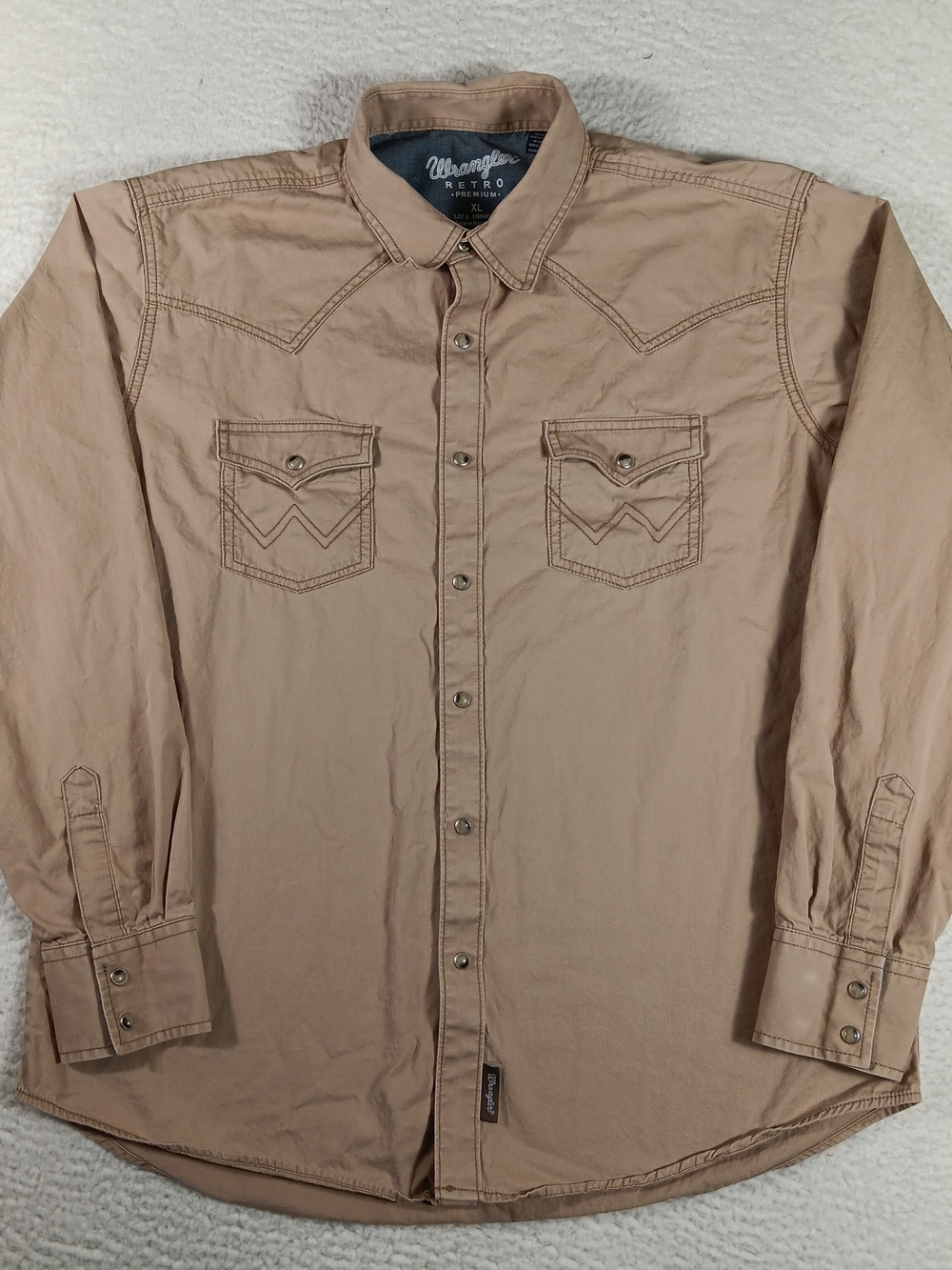 Wrangler Retro Premium Shirt Mens XL Tan Twill Pearl Snap Western Cowboy Rodeo